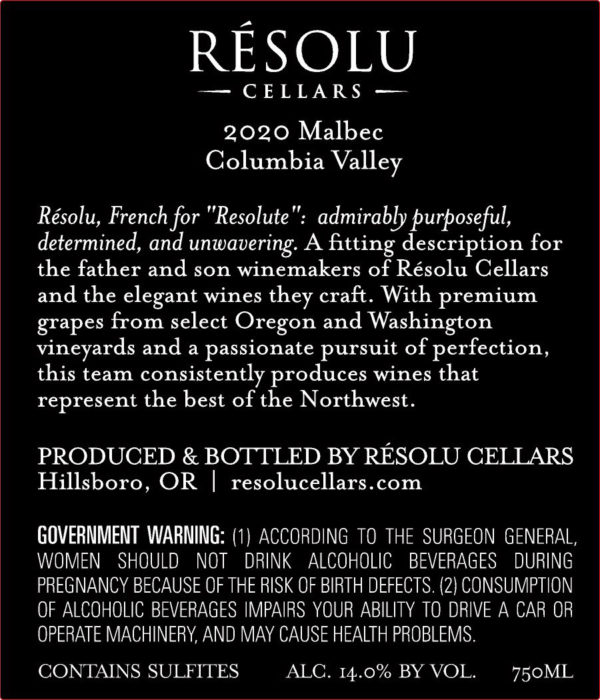 2020 Malbec Label Back